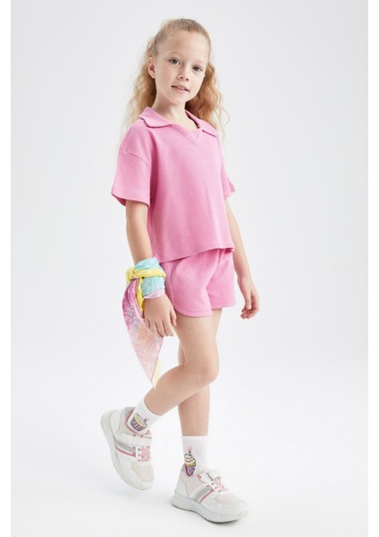 Kız Çocuk Polo Yaka Waffle Kısa Kollu Tişört Şort 2'li Takım Y7069A622HS fiyatları