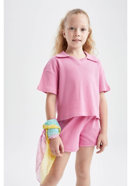 Kız Çocuk Polo Yaka Waffle Kısa Kollu Tişört Şort 2'li Takım Y7069A622HS modelleri