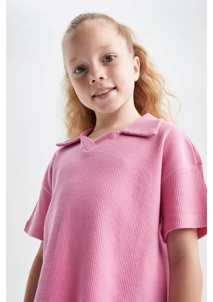 Kız Çocuk Polo Yaka Waffle Kısa Kollu Tişört Şort 2'li Takım Y7069A622HS fırsatları