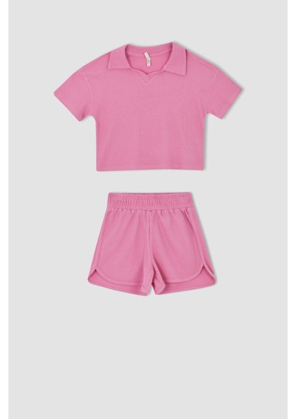 Kız Çocuk Polo Yaka Waffle Kısa Kollu Tişört Şort 2'li Takım Y7069A622HS