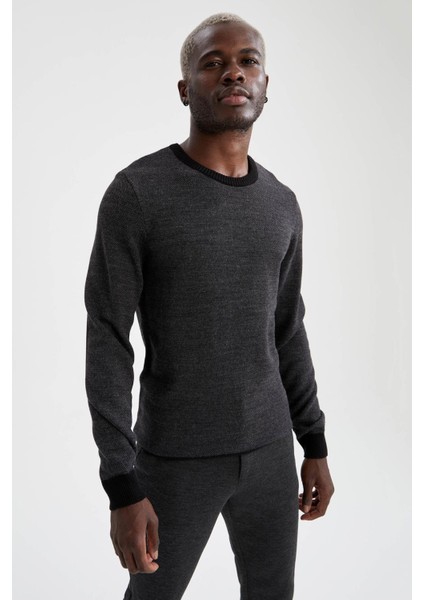 Slim Fit Bisiklet Yaka Yamalı Kol Detaylı Triko Kazak R1110AZ21WN