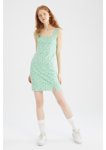 Coool Bodycon Kare Yaka Çiçek Desenli Yazlık Mini Elbise U1967AZ22SM