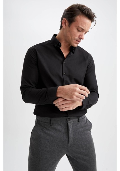 Modern Fit Polo Yaka Dokulu Uzun Kollu Pamuklu Gömlek R4352AZ23SP