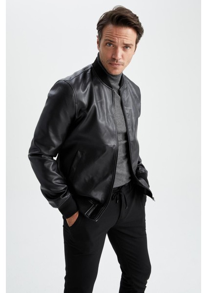 Slim Fit Kolej Yaka Bomber Suni Deri Mont Y5367AZ23SP