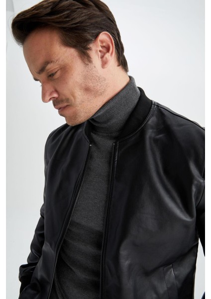 Slim Fit Kolej Yaka Bomber Suni Deri Mont Y5367AZ23SP