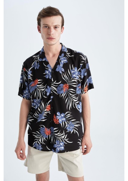 Regular Fit Baskılı Viskon Kısa Kollu Hawaii Gömlek X5128AZ22HS