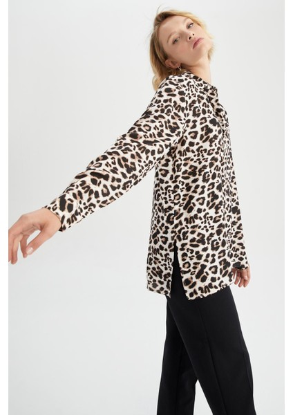 Relax Fit Leopar Desenli Uzun Kollu Viskon Gömlek W4515AZ22AU