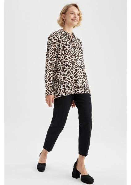 Relax Fit Leopar Desenli Uzun Kollu Viskon Gömlek W4515AZ22AU