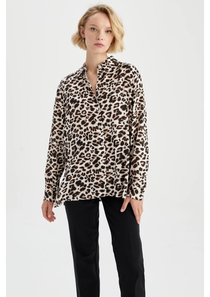 Relax Fit Leopar Desenli Uzun Kollu Viskon Gömlek W4515AZ22AU