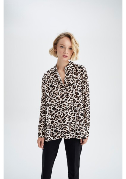 Relax Fit Leopar Desenli Uzun Kollu Viskon Gömlek W4515AZ22AU