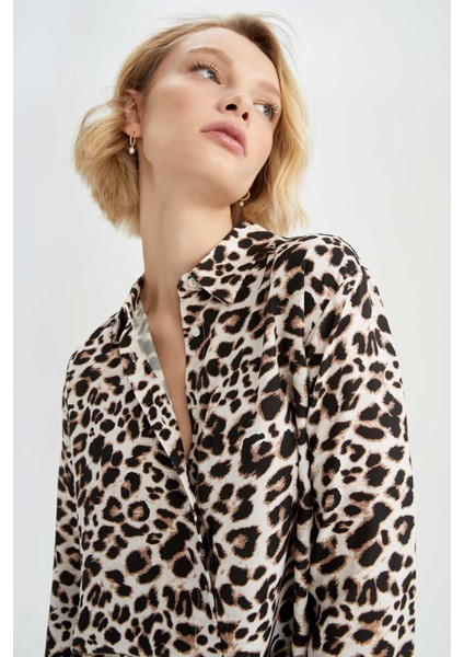 Relax Fit Leopar Desenli Uzun Kollu Viskon Gömlek W4515AZ22AU