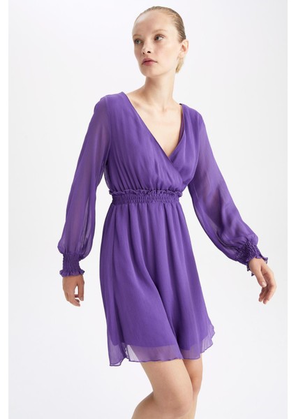 Wrap Yaka Şifon Uzun Kollu Mini Elbise Z0781AZ22AU