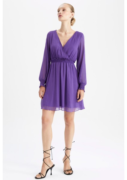 Wrap Yaka Şifon Uzun Kollu Mini Elbise Z0781AZ22AU fiyatları