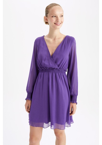 Wrap Yaka Şifon Uzun Kollu Mini Elbise Z0781AZ22AU modelleri