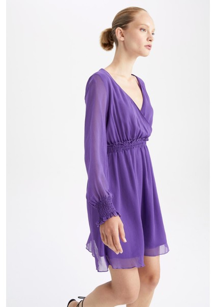 Wrap Yaka Şifon Uzun Kollu Mini Elbise Z0781AZ22AU indirimleri