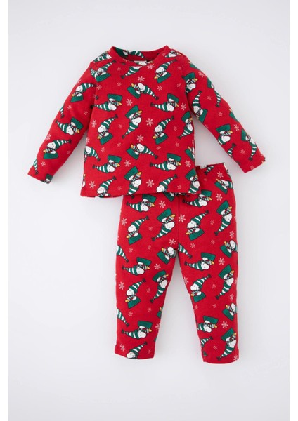 Erkek Bebek Snoopy Yılbaşı Temalı Uzun Kollu Fitilli Kaşkorse Pijama Takım Y6798A222WN