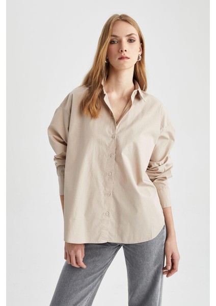 Oversize Fit Poplin Uzun Kollu %100 Pamuk Gömlek T8735AZ23SP