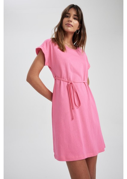 A Kesim Bisiklet Yaka Mini Kısa Kollu %100 Pamuk Elbise T8057AZ23SM