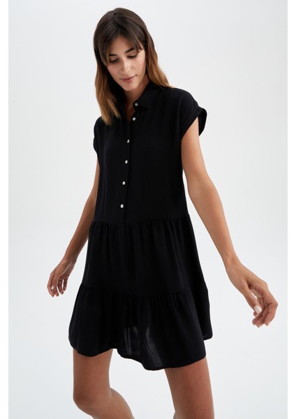 Gömlek Yaka Mini Kısa Kollu Elbise Y8113AZ22HS