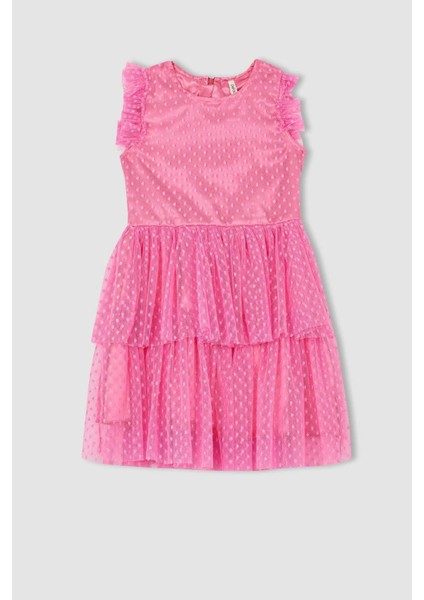 Kız Çocuk Bisiklet Yaka Kolsuz Tül Elbise Y7207A622SM