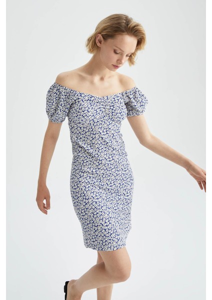 Bodycon Kalp Yaka Floral Mini Kısa Kollu Örme Elbise Y8330AZ22HS