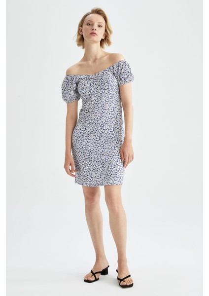 Bodycon Kalp Yaka Floral Mini Kısa Kollu Örme Elbise Y8330AZ22HS fiyatları