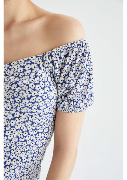 Bodycon Kalp Yaka Floral Mini Kısa Kollu Örme Elbise Y8330AZ22HS fırsatları