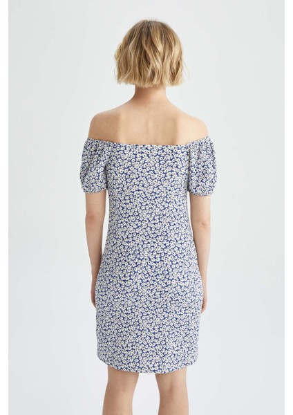 Bodycon Kalp Yaka Floral Mini Kısa Kollu Örme Elbise Y8330AZ22HS indirimleri