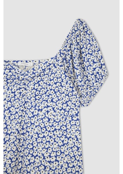 Bodycon Kalp Yaka Floral Mini Kısa Kollu Örme Elbise Y8330AZ22HS