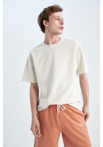 Boxy Fit Bisiklet Yaka Kısa Kollu Pamuklu Penye Tişört X3926AZ22AU