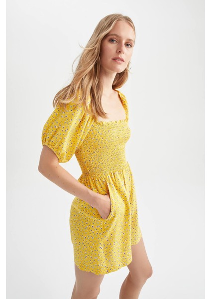 Kare Yaka Çiçekli Kısa Kollu Tulum Y8404AZ22HS