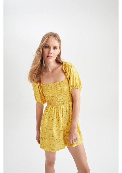 Kare Yaka Çiçekli Kısa Kollu Tulum Y8404AZ22HS fırsatları