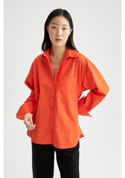 Oversize Geniş Kalıp Poplin Basic Düz Uzun Kollu %100 Pamuk Gömlek V3984AZ22SM