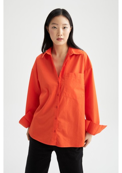 Oversize Geniş Kalıp Poplin Basic Düz Uzun Kollu %100 Pamuk Gömlek V3984AZ22SM