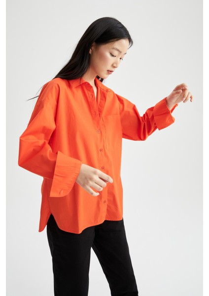 Oversize Geniş Kalıp Poplin Basic Düz Uzun Kollu %100 Pamuk Gömlek V3984AZ22SM
