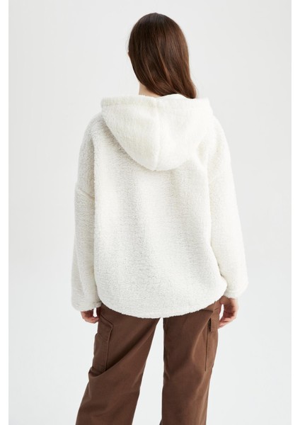 Oversize Fit Kapüşonlu Kanguru Cepli Yarım Fermuarlı Pelüş Sweatshirt Y5394AZ22WN