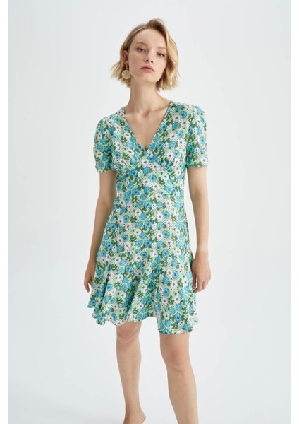 V Yaka Floral Kısa Kollu Mini Elbise Y8414AZ22HS