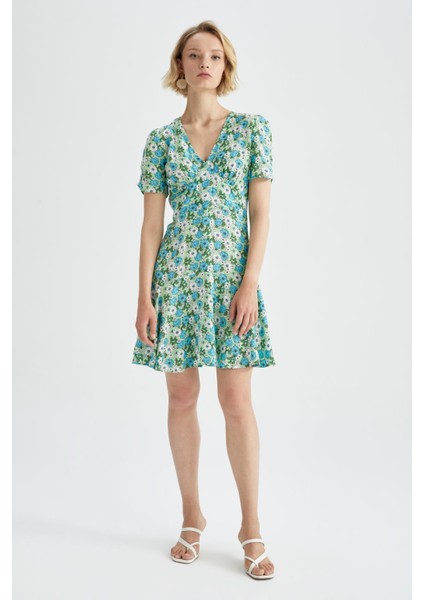 V Yaka Floral Kısa Kollu Mini Elbise Y8414AZ22HS fiyatları