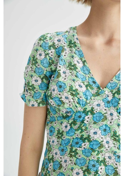 V Yaka Floral Kısa Kollu Mini Elbise Y8414AZ22HS