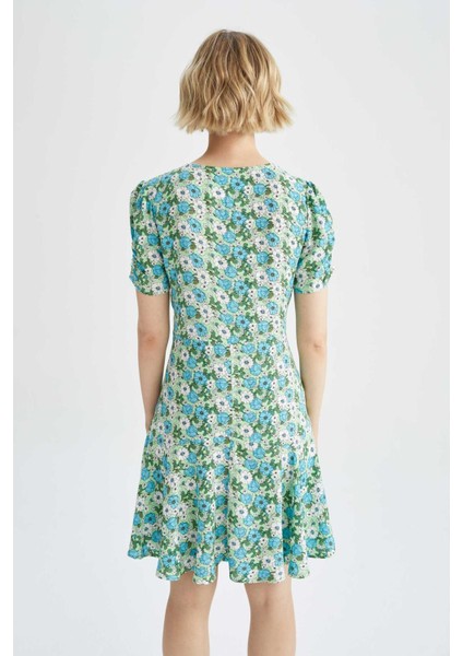 V Yaka Floral Kısa Kollu Mini Elbise Y8414AZ22HS