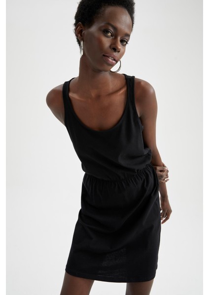 Askılı Basic Beli Büzgülü Relax Fit Mini Yazlık %100 Pamuk Elbise T8056AZ22SM