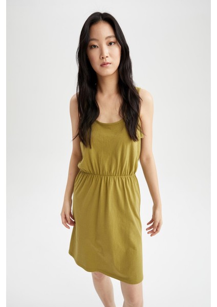 Askılı Basic Beli Büzgülü Relax Fit Mini Yazlık %100 Pamuk Elbise T8056AZ22SM