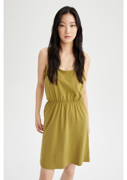 Askılı Basic Beli Büzgülü Relax Fit Mini Yazlık %100 Pamuk Elbise T8056AZ22SM modelleri