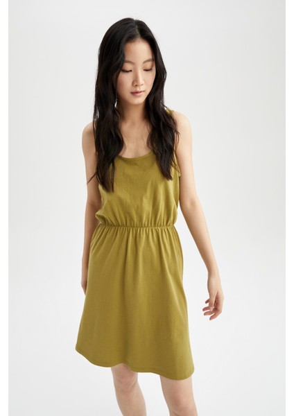 Askılı Basic Beli Büzgülü Relax Fit Mini Yazlık %100 Pamuk Elbise T8056AZ22SM fırsatları