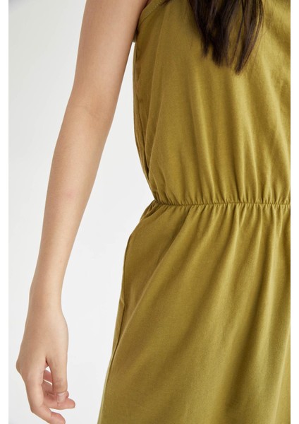 Askılı Basic Beli Büzgülü Relax Fit Mini Yazlık %100 Pamuk Elbise T8056AZ22SM