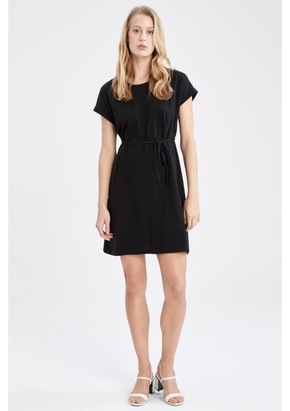 Basic Beli Bağcıklı Yazlık Kısa Kollu Mini %100 Pamuk Elbise T8057AZ22SM