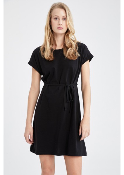 Basic Beli Bağcıklı Yazlık Kısa Kollu Mini %100 Pamuk Elbise T8057AZ22SM fiyatları