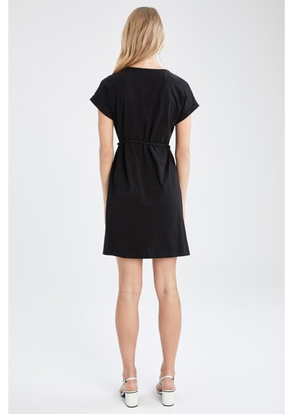 Basic Beli Bağcıklı Yazlık Kısa Kollu Mini %100 Pamuk Elbise T8057AZ22SM fırsatları