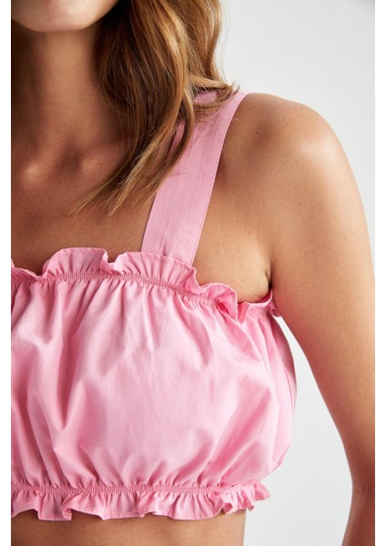 Crop Kare Yaka Kolsuz Askılı Poplin %100 Pamuk Bluz X6728AZ22SM