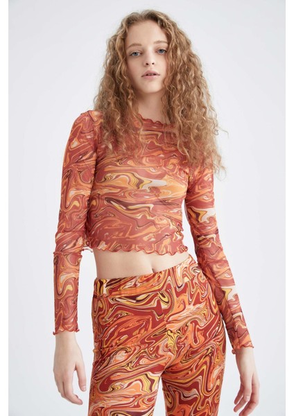 Coool Skinny Fit Desenli Tül Uzun Kollu Crop Tişört X3360AZ22SP